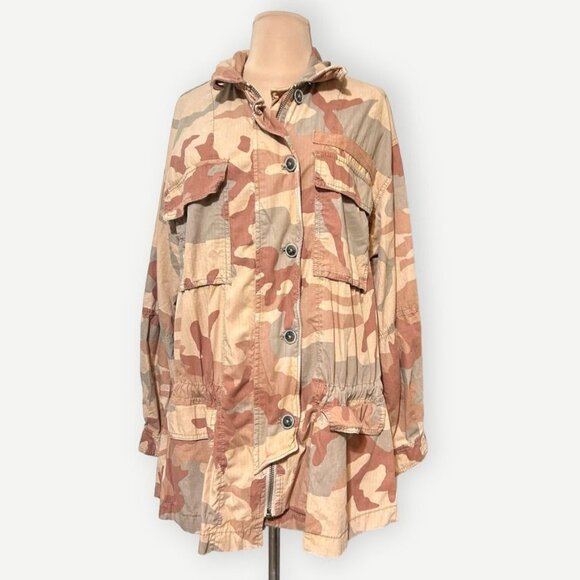 Free People UltIity Camo Jacket M Tan Brown Netural Cotton Pockets Zip Fall EUC - Picture 3 of 6